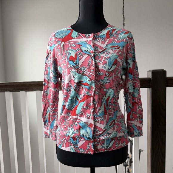 Talbots Sweaters - Talbots Bird Pink Blue 3/4 Sleeve Cardigan Sweater Small Petite Novelty Cottage